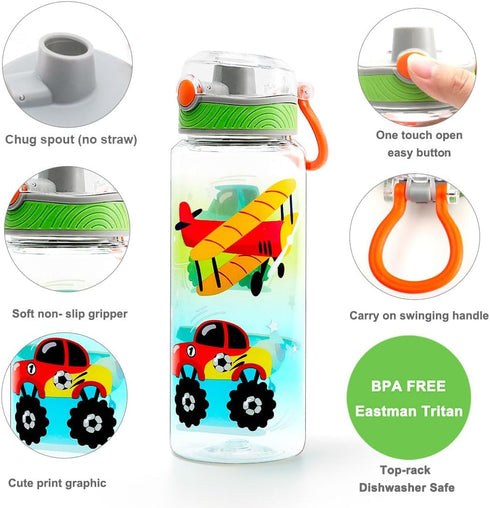 Home Tune 23oz Kids Water Bottle for School Boys, BPA FREE Tritan, Leak Proof Flip Top Lid, Carry Handle - Airplane &