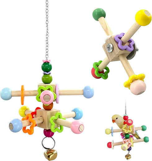 FALESHOS 2 Pcs Parakeet Toys, Natural Wood Spinner with Bells, Hanging Cage Accessories