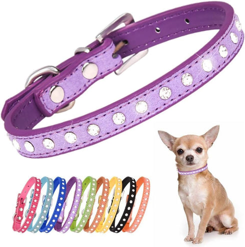 Cute Dazzling Sparkling Elegant Fancy Suede Leather 1 Rows Bling Rhinestone Crystal Jeweled Small Pet Collar (Purple, S)