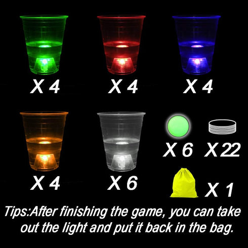 Glow in The Dark Beer Pong Set - Party Games with 22 Light Up Cups (5 Colors) and 6 Glow Balls