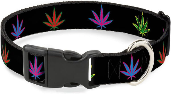 Plastic Clip Collar - Marijuana Leaf Repeat Black Multi Color - Small 9-15"