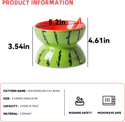 Hamiledyi 5In Elevated Wide Ceramic Cat Bowl for Food and Water, Anti Vomiting Tilted Pet Feeder Dish (Watermelon)