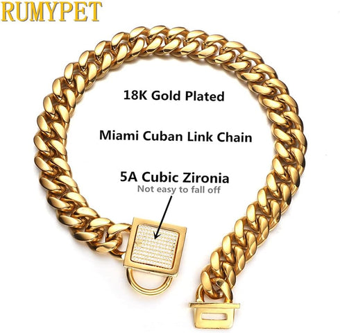 Gold Dog Chain Collars with ID Tag and Bell, 10mm/14mm/18mm 18k Stainless Steel Miami Cuban Link Chew Proof (18mm,