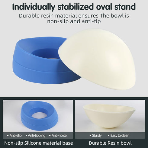 Bulldog Bowl Anti-Slip Dog Cat Dish, Detachable Rubber Pet Feeder, Tilted Base, Blue, 2 Cup
