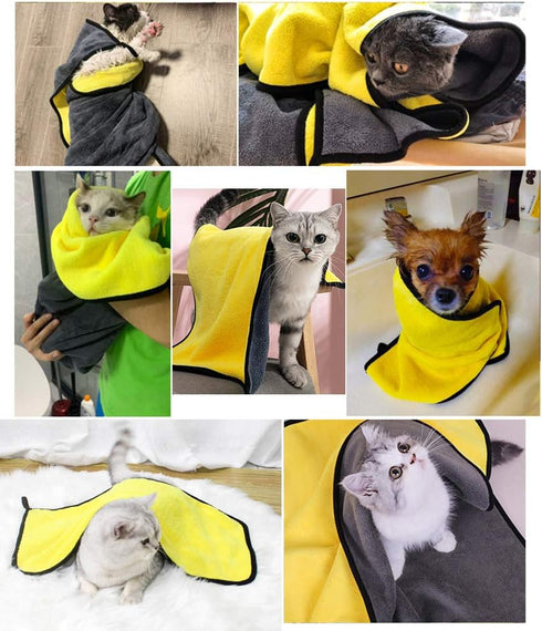 Super Absorbent Microfiber Dog Bath Towel for Small Dogs & Cats, Yellow & Grey 11.8" x 23.6"