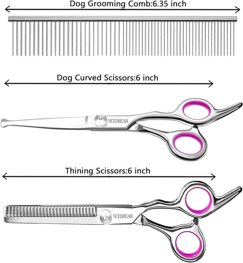 Dog Grooming Scissors for Dogs with Safety Round Tips, 3 in 1 Dog Scissors for Grooming, Curved Dog Grooming Scissors,Professional Pet Grooming Shears Set for Dogs and Cats, Pink by SCEDREAM