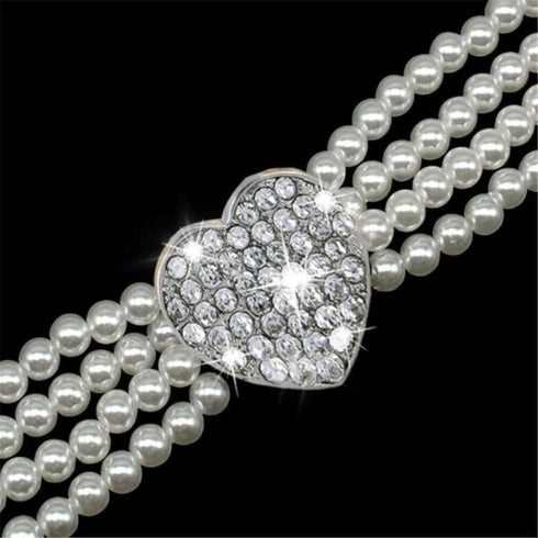 Dogs Kingdom 4 Rows Bling Rhinestone Heart Decor Collar Necklace, Dog Cat Pearls Necklace, White, M:10-12" Neck