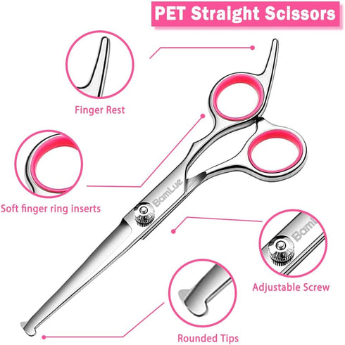 6 in 1 Professional Stainless Steel Dog Grooming Scissors, Anti-Rust Round Tip Shears for Cats, Pink Pet Kit