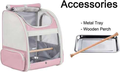 Bird Carrier Backpack with Wooden Stand Perch - Travel Carrier Backpack for Birds in Pink