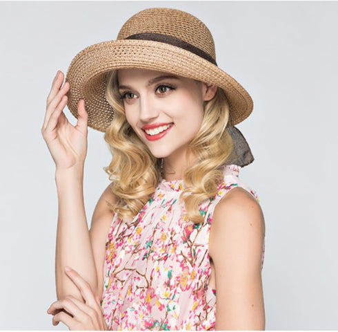 Women's Straw Sun Hat - Wide Brim Ribbons Roll Up Bucket UPF 50+ Foldable Floppy with Strap