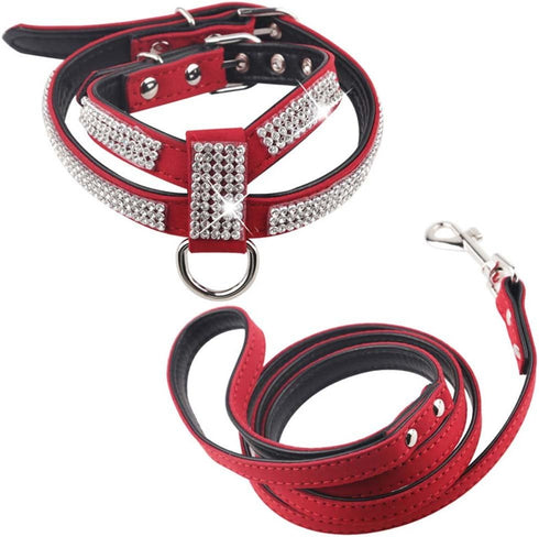 Dogs Kingdom Rhinestone Crystal Pet Dog Harness Leash Set, Customized for Small Dogs, Red, 2Pcs
