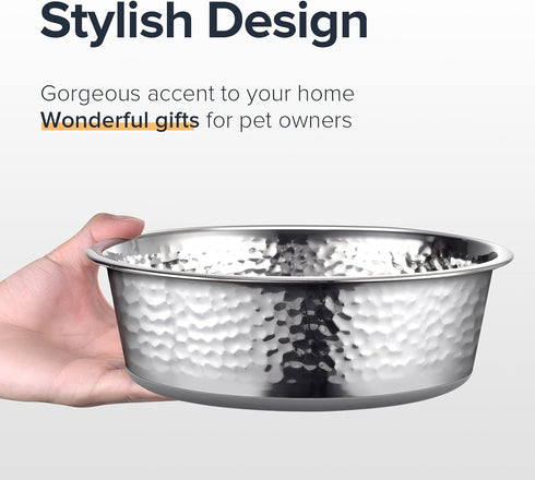 2 Pack Hammered Stainless Steel Dog Bowls - Premium Non-Slip Metal Bowls, Dishwasher Safe, 8 Cup, Gray Bottom