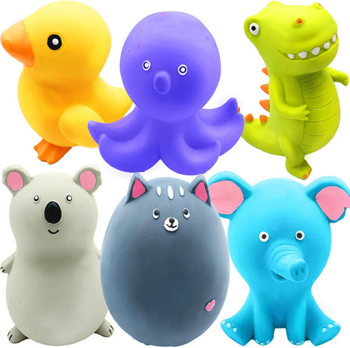 Jalousie 4 Inch Latex Dog Squeaky Toys - Soft Rubber Puppy Chew Toy for Fetch Play (6 Pack Animal Medium)