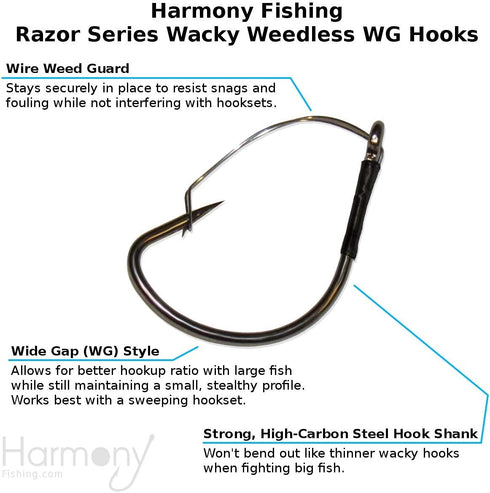 Harmony Fishing - Razor Series Wacky Weedless WG Hooks - Ultimate Bass Fishing Hooks for Wacky & Neko Rig