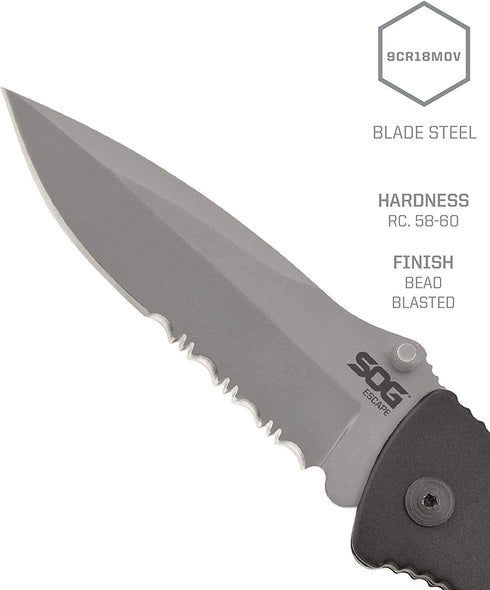 SOG Escape Tactical Folding Pocket Knife - 3.4 Inch Serrated Edge Blade with Glass Breaker, Black