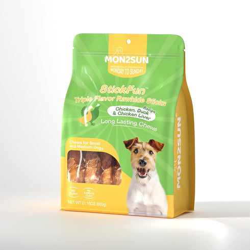 MON2SUN 5 Inch 21.16 Oz (30 Count-Pack 1) Dog Treats, Triple Flavor Chicken Liver Duck and Chicken Wrapped Rawhide