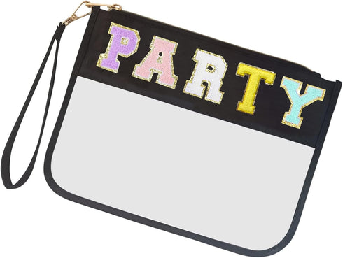 Jakiro Chenille Letter Clear Bag Zipper Pouch for Party | Preppy Makeup Bag Clear Cosmetic Toiletry Bag with Wrist