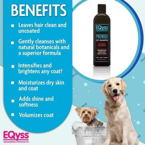 EQyss Premier Pet Shampoo, 16 oz, Cleanses & Moisturizes Coat, Adds Volume, Residue-Free Finish for All Pets