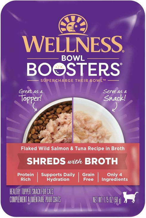 Wellness Bowl Boosters Grain Free Wet Cat Food Topper, Flaked Salmon & Tuna Recipe in 1.75 Ounce Pouches (Pack of 12)
