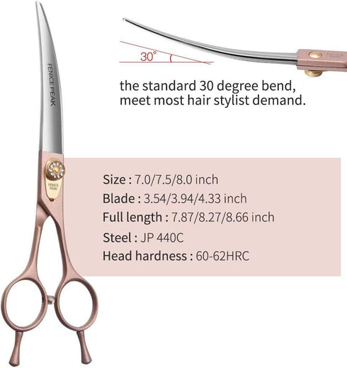 Fenice Peak Professional Curved Dog Grooming Scissors - 8'' Rose Gold 440C Stainless Steel Pet Cutting Shears
