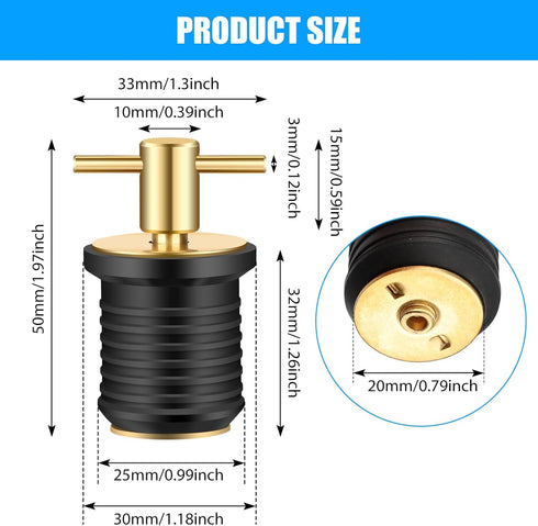 Linkstyle 4 PCS Brass T-Handle Drain Plug, Marine Boat Drain Plugs for 1 Inch Diameter Drains