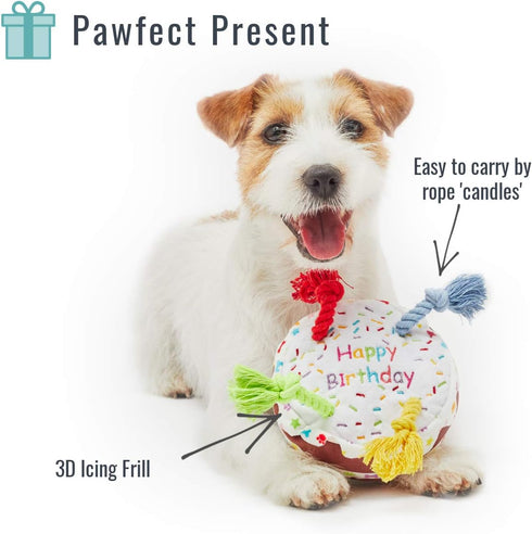 PET LONDON Dog Birthday Cake Squeaky Toy - Soft Plush with Rope Candles in Bright Colors for Dog Birthday Celebrations
