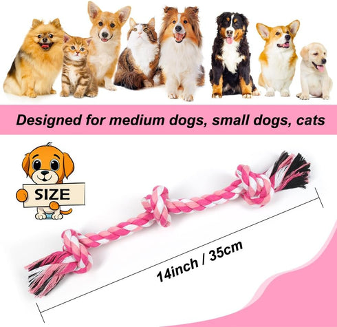 Dog Rope Toys - 3 Knots Chew Rope Toy for Medium and Small Dogs, Natural Cotton for Tug of War and Teeth Cleaning (Pink)