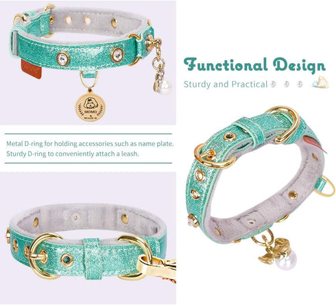 PetsHome Cat Collar, Dog Collar, Bling Rhinestones PU Leather Adjustable Pet Collar for Small Medium Dogs (Mint Green)