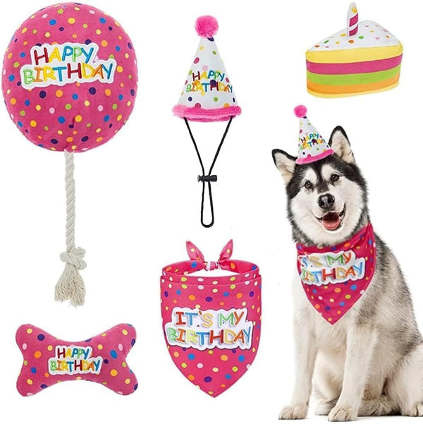 BINGPET Dog Birthday Bandana Set with Cake and Balloon, Party Supplies for Large Dogs, Pink