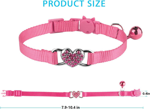 2 Pcs Adjustable Cat Collars with Heart Bling Breakaway and Bell (Pink+Purple) for Kitty