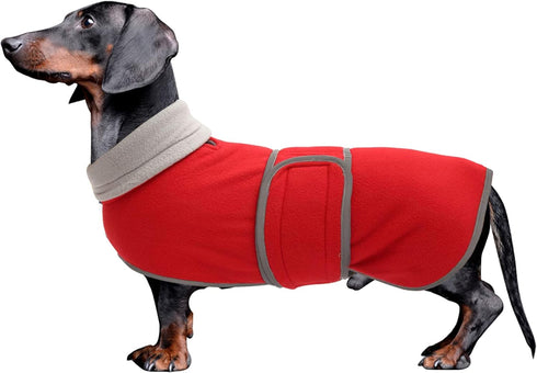 Dachshund Coats Red Fleece Coat for Miniature Sausage Dog with Hook and Loop Closure and Reflective Trim Safety - S