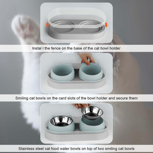 Elevated Cat Food Bowls - Raised Stainless Steel Bowls with Stand, Anti Vomiting, Double Bowl Set (Grayblue)