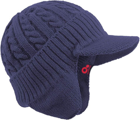 Winter Ear Warmer Billed Visor Beanie with Ear Flaps, Knitted Brimmed Trapper Hat