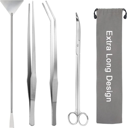 Aquarium Aquascape Tools Kit 15in, 4 in 1 Stainless Steel Silver Anti-Rust Aquatic Plant Tool Set for Fish Tank