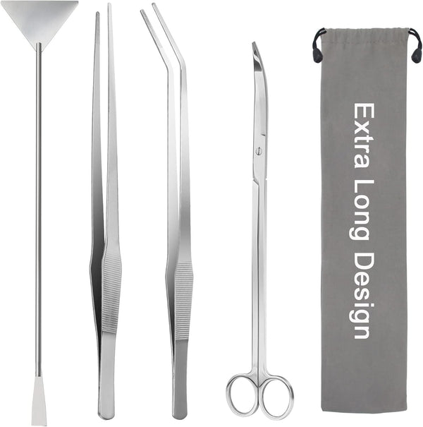 Aquarium Aquascape Tools Kit 15in, 4 in 1 Stainless Steel Silver Anti-Rust Aquatic Plant Tool Set for Fish Tank
