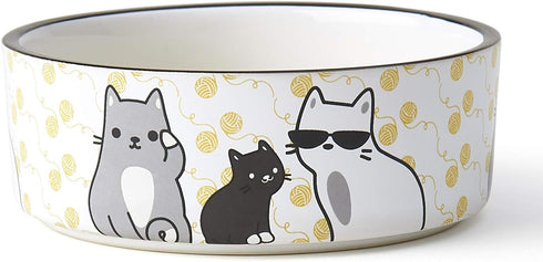 PetRageous Tangled Kitty Stoneware Cat Bowl, 2-Cup Capacity, Dishwasher Safe, 5-Inch Diameter, White.