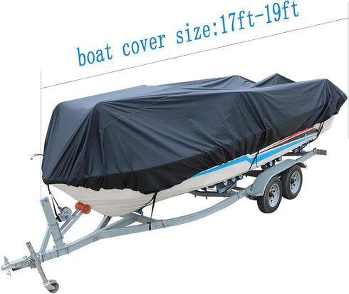 WFLNHB Heavy Duty 210D Boat Cover for Trailerable Fishing Ski Bass V-Hull Tri-Hull Runabouts, 17-19ft, Black