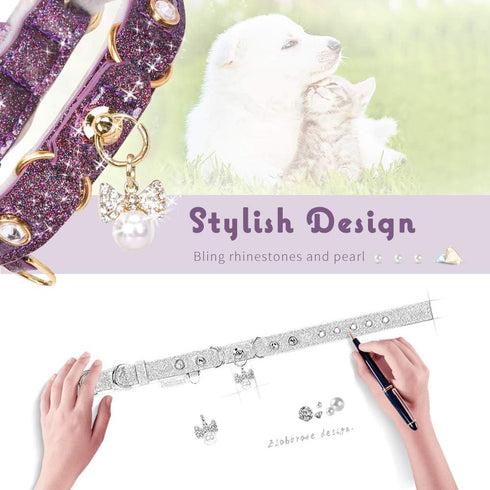 PetsHome Cat Collar, Dog Collar, Bling Rhinestones PU Leather Adjustable Pet Collar for Big Cat and Small Dog