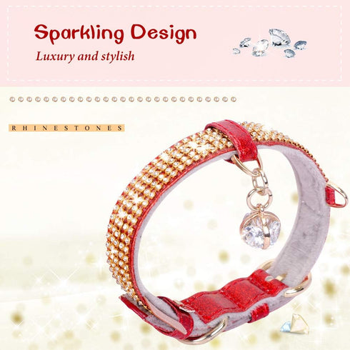 PetsHome Adjustable Cat and Dog Collar, Bling Rhinestones, Premium PU Leather with Pendant, Medium Red