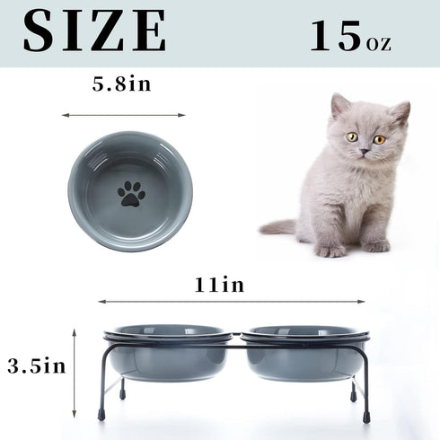 Porcelain Raised Cat or Small Dog Bowls with Heighten Metal Stand and Non-Slip Bottom 15 Ounces (Grey)