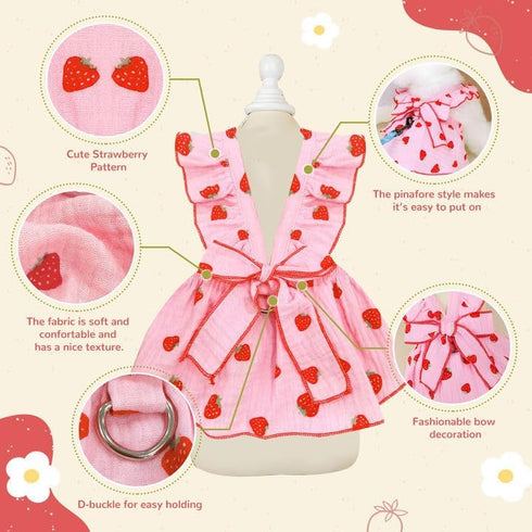 Dog Dresses for Small Dogs, Cute Cotton Summer Clothes with Bow Decor, Strawberry Birthday Outfit