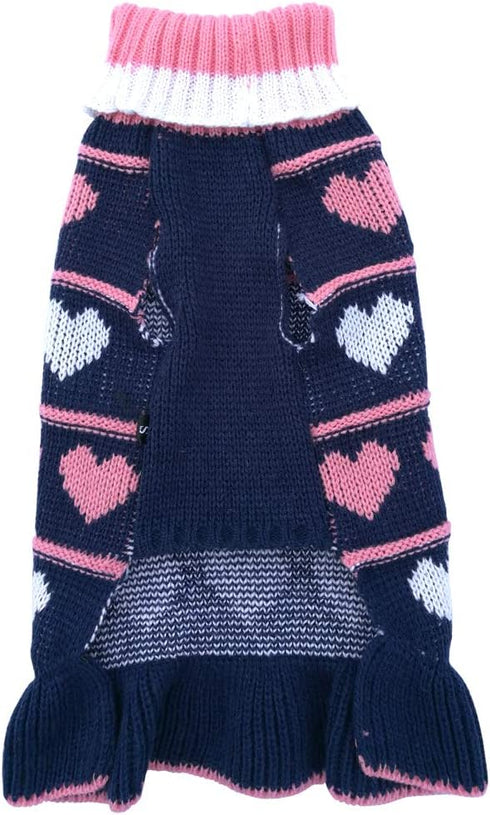 Jecikelon Pet Dog Long Sweater Dress, Knitwear Turtleneck Pullover for Winter, Navy Heart, Small