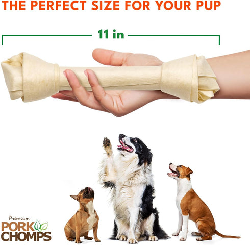 11 Inch 4 Count, 1 Pack Pork Chomps Baked Pork Skin Dog Chews, Knots, - Long-Lasting Treats for Dogs - High Protein