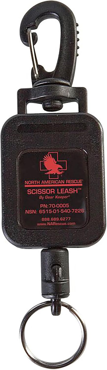 North American Rescue Retractable Scissor Leash with Clip (Black) NAR Lightweight Lanyard