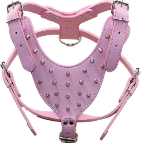 Matching Set of Leather Spiked Studded Collars, Harnesses & Chain Leashes for Medium & Large Dogs, Pit Bull, Mastiff,