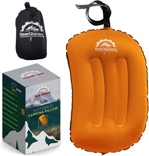 Gear Doctors Inflatable Camping Pillow - Backpacking Pillow, Blow Up Pillow for Camping, Orange