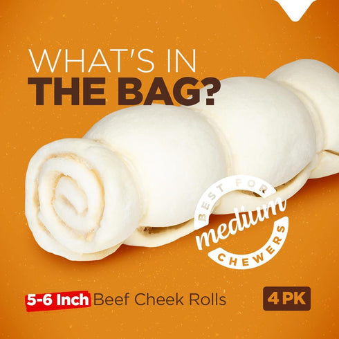 Natural Farm Beef Cheek Rolls, 5-6 Inch (4 Pack), Safe Rawhide Alternative Dog Chew - Great for Power Chewers - Long Lasting Chews, Treats, Bones for Aggressive Chewers & Large Dogs