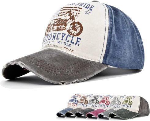 Vintage Washed Denim Baseball Cap, Motorcycle Print Trucker Hat, 100% Cotton Outdoor Sun Hat for Men Women