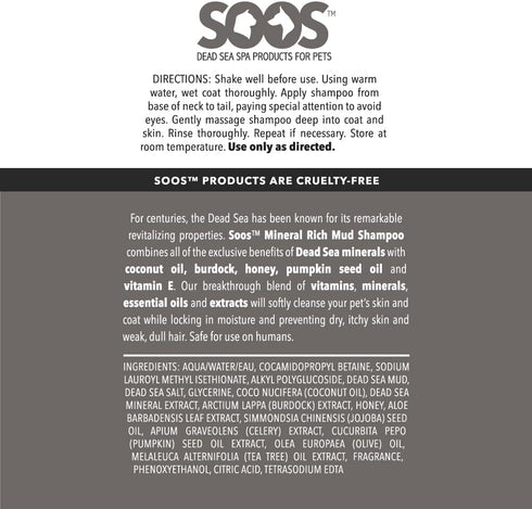 Soos Pet Dog Shampoo for Cats and Pets, Mineral Rich Mud, Fast Absorbing Skin Cooling First Aid (250ml)