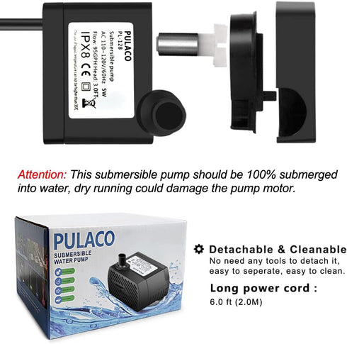PULACO 95GPH Mini Submersible Water Pump for Aquarium, Fish Tank, Pond, Fountain, Hydroponics